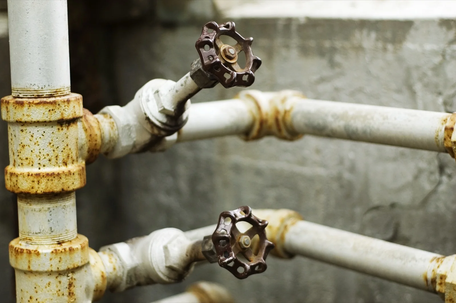Two old shut-off valves with round handles on painted water pipes