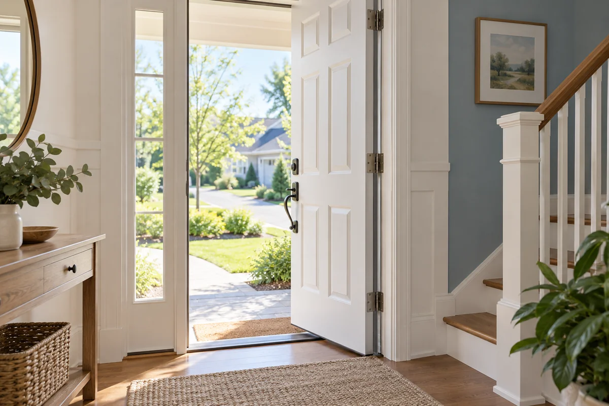 White exterior door ajar in a bright entryway, exposing the vertical jamb and continuous seal. (Guide listing)