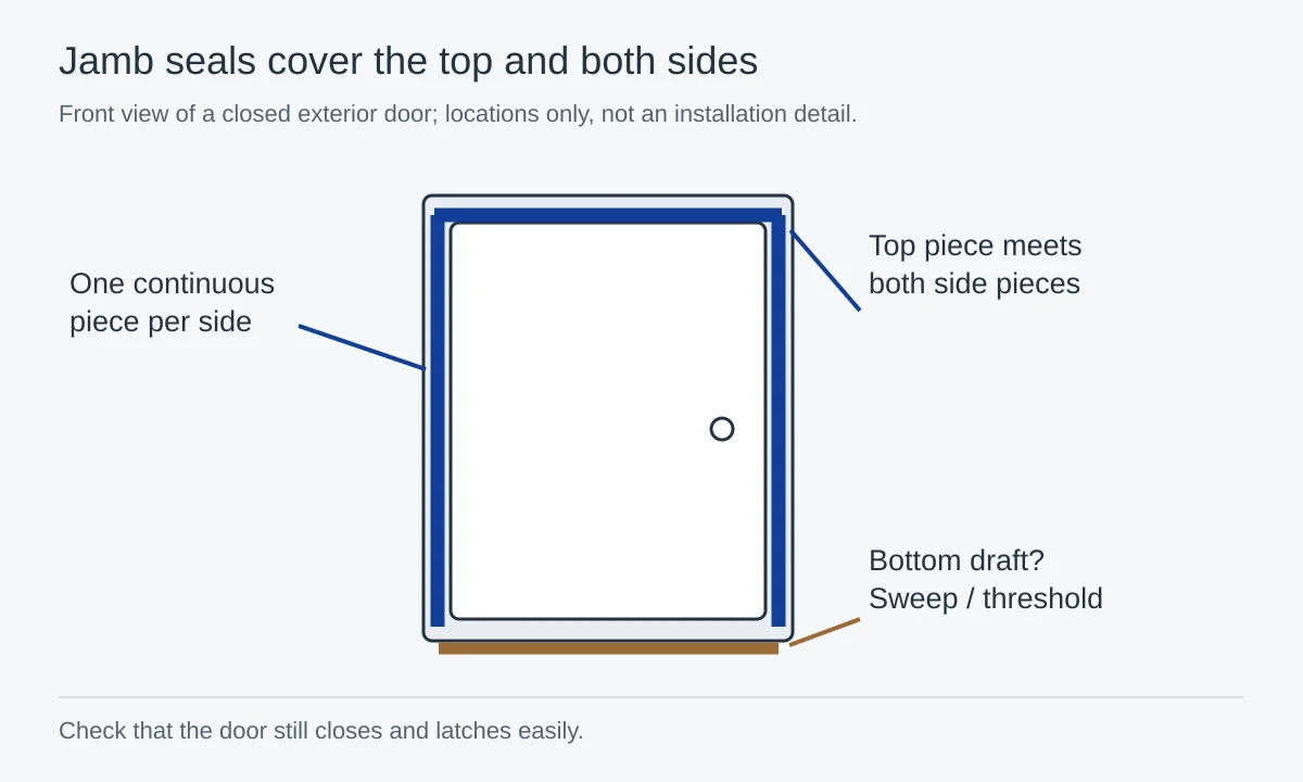 Door elevation with three continuous jamb seal pieces highlighted separately from the bottom threshold.