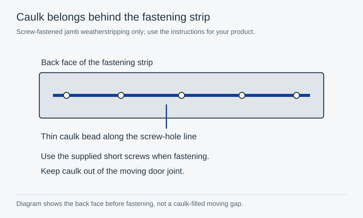 Back face of a weatherstrip fastening strip showing a thin caulk bead aligned with its screw holes.