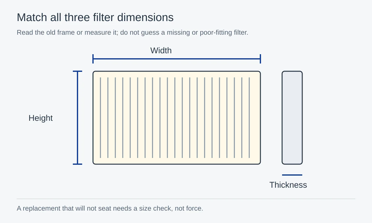 Front and edge views of a pleated filter showing separate width, height and thickness measurements.