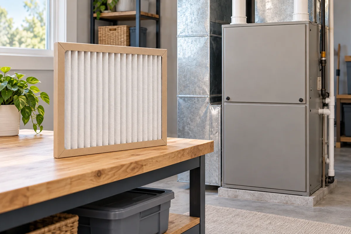 Clean pleated disposable air filter on a workbench beside a closed indoor furnace cabinet. (Guide listing)