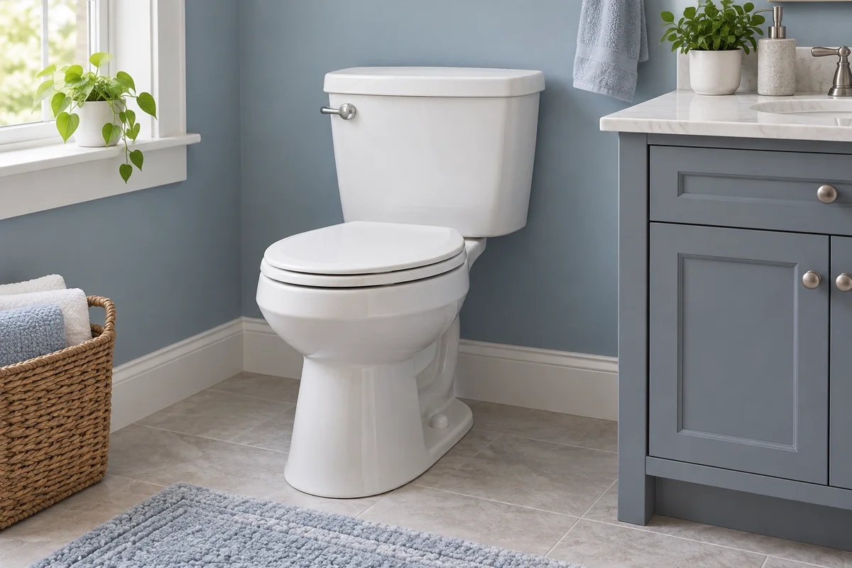 Closed white two-piece toilet beside a blue bathroom cabinet in a dry, bright bathroom. (Guide listing)