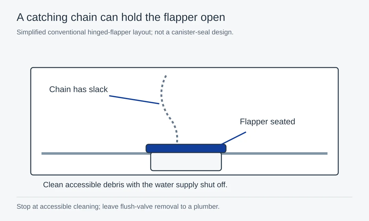 Slack chain leading to a closed flapper resting on its seat in a simplified toilet tank.